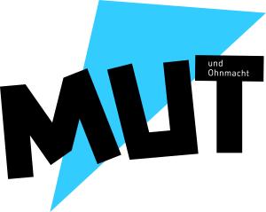 Logo der Ausstellung "Mut und Ohnmacht": Vor einem türkis-blauem Dreieck steht der Schriftzug "Mut", auf dem Buchstaben "T" steht "und Ohnmacht"