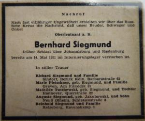 Todesanzeige für Bernhard Siegmund