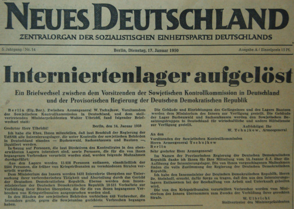 Die DDR-Presse verkündet die bevorstehende Auflösung der Speziallager. Neues Deutschland, 17. Januar 1950.
