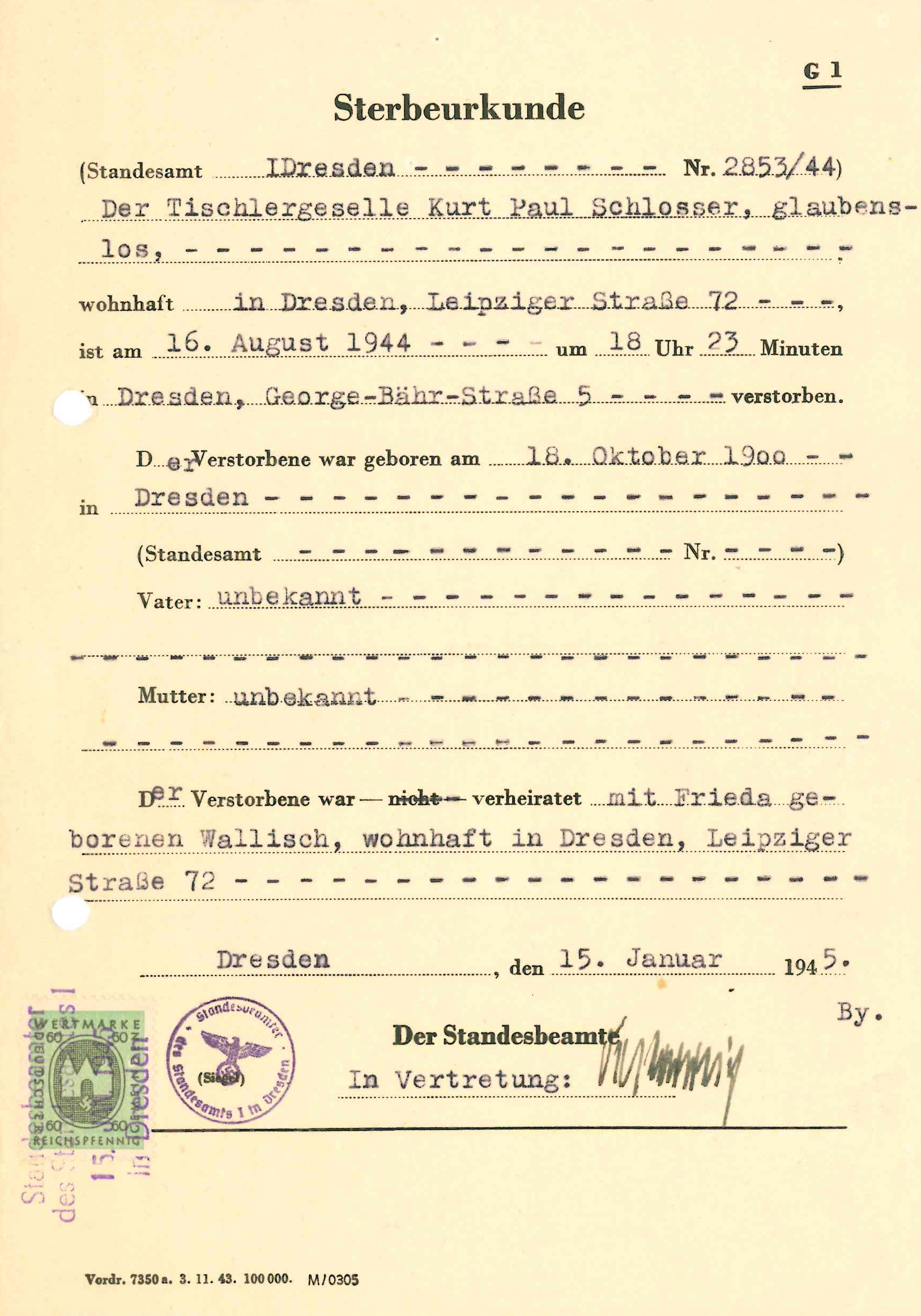 Die Sterbeurkunde Kurt Schlossers von 1944