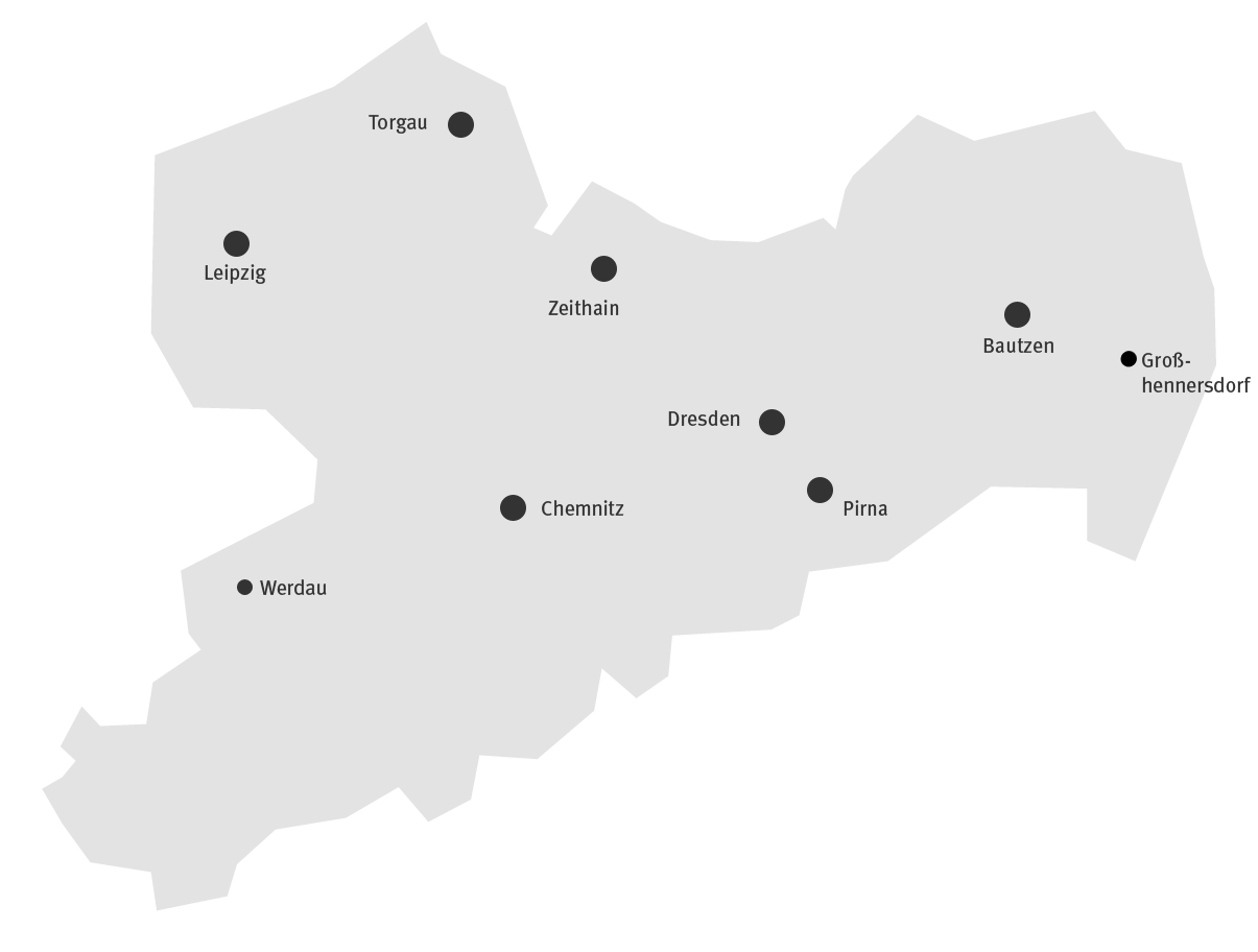 Karte von Sachsen mit Einrichtungen der Stiftung